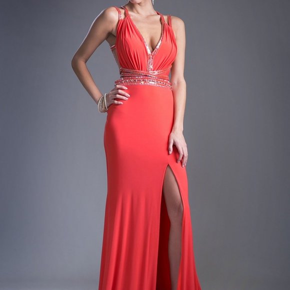 V-Neck Jewel Leg Slit Sheath Prom Dress CDCA302